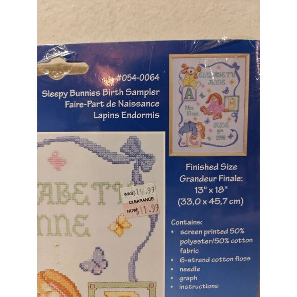 Vintage Janlynn Sleepy Bunnies Birth Sampler Cross-Stitch Kit 054-0064 - Picture 2 of 4